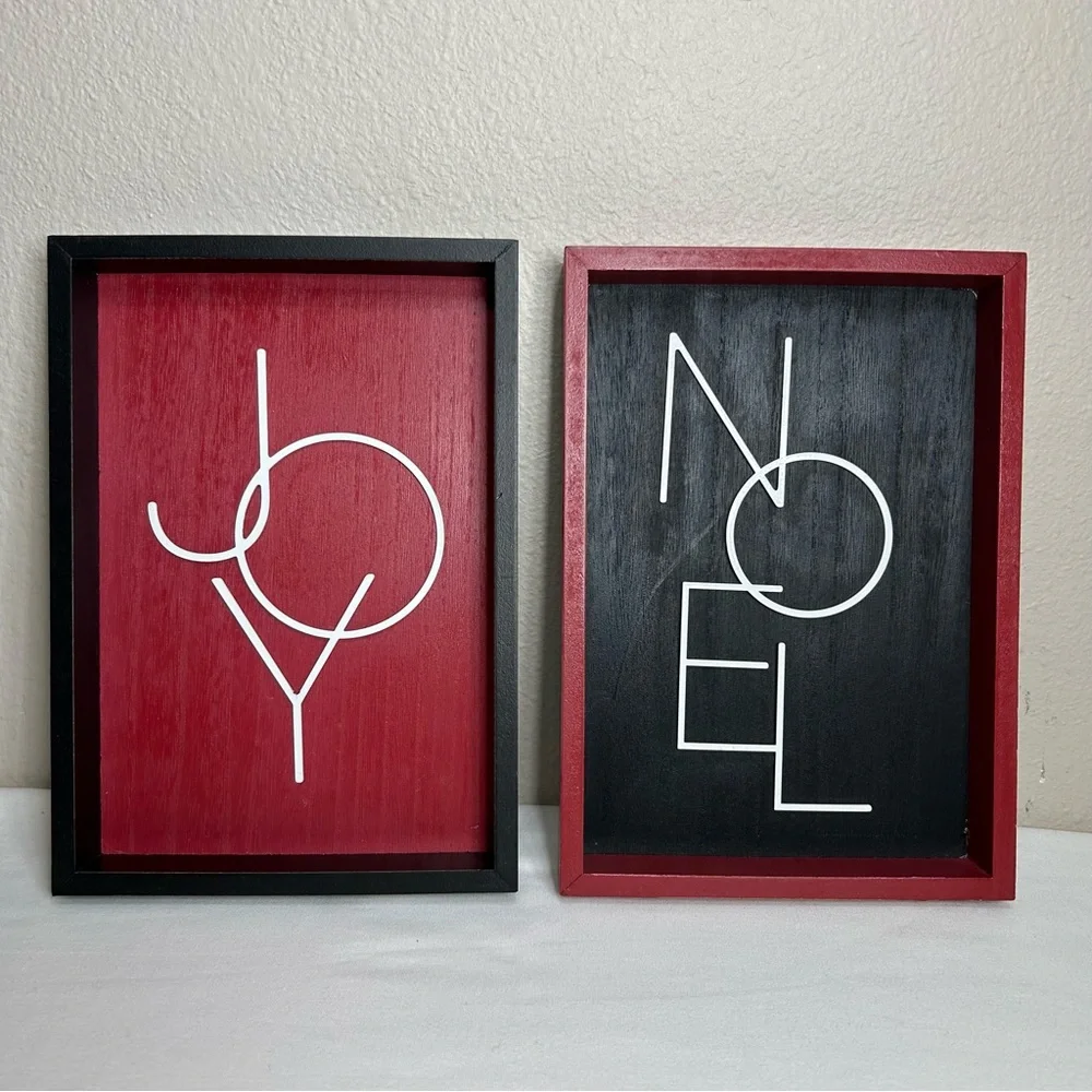 2 Set JOY NOEL Red Bkack White Wood Metal Modern Minimalist‎ Wall Shadow Box Art